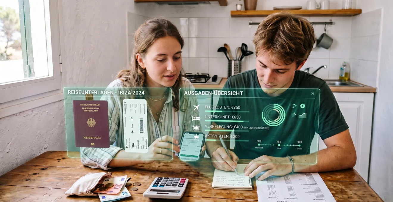 Zwei Studentinnen und Studenten vergleichen am Küchentisch eines Apartments Ausgaben für ihre Ibiza-Reise mit Smartphone und Notizblock.