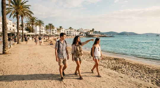 Drei junge Freunde mit Rucksäcken laufen gemeinsam über eine Strandpromenade in Ibiza in der Abendsonne.